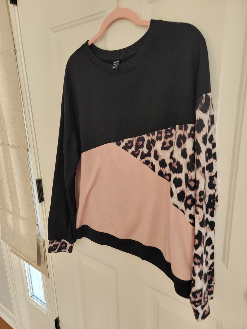 SHEIN Black & Blush Leopard Colorblock Crewneck Sweater